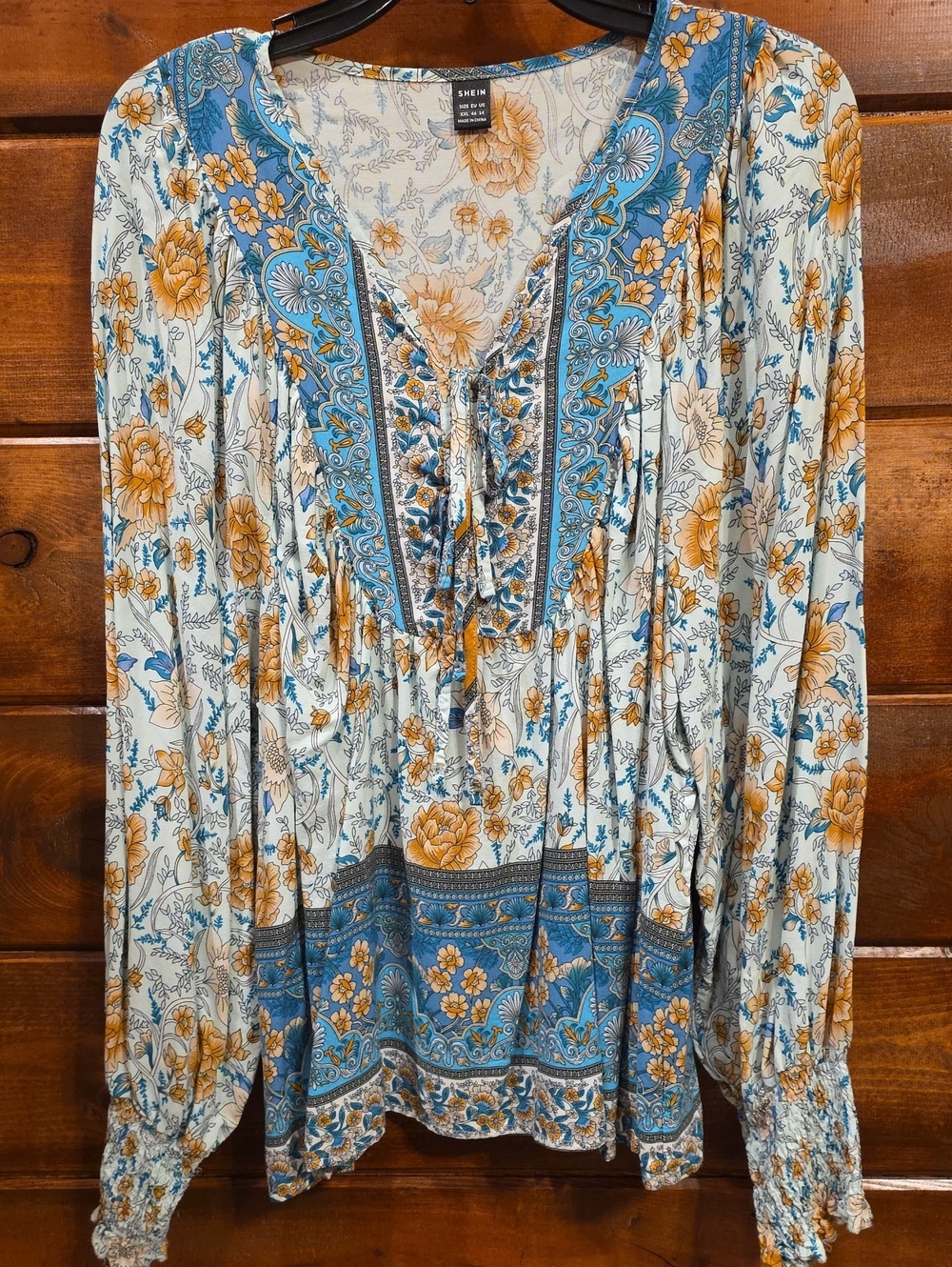 Shein Blue Floral Peasant Blouse - Long Sleeve